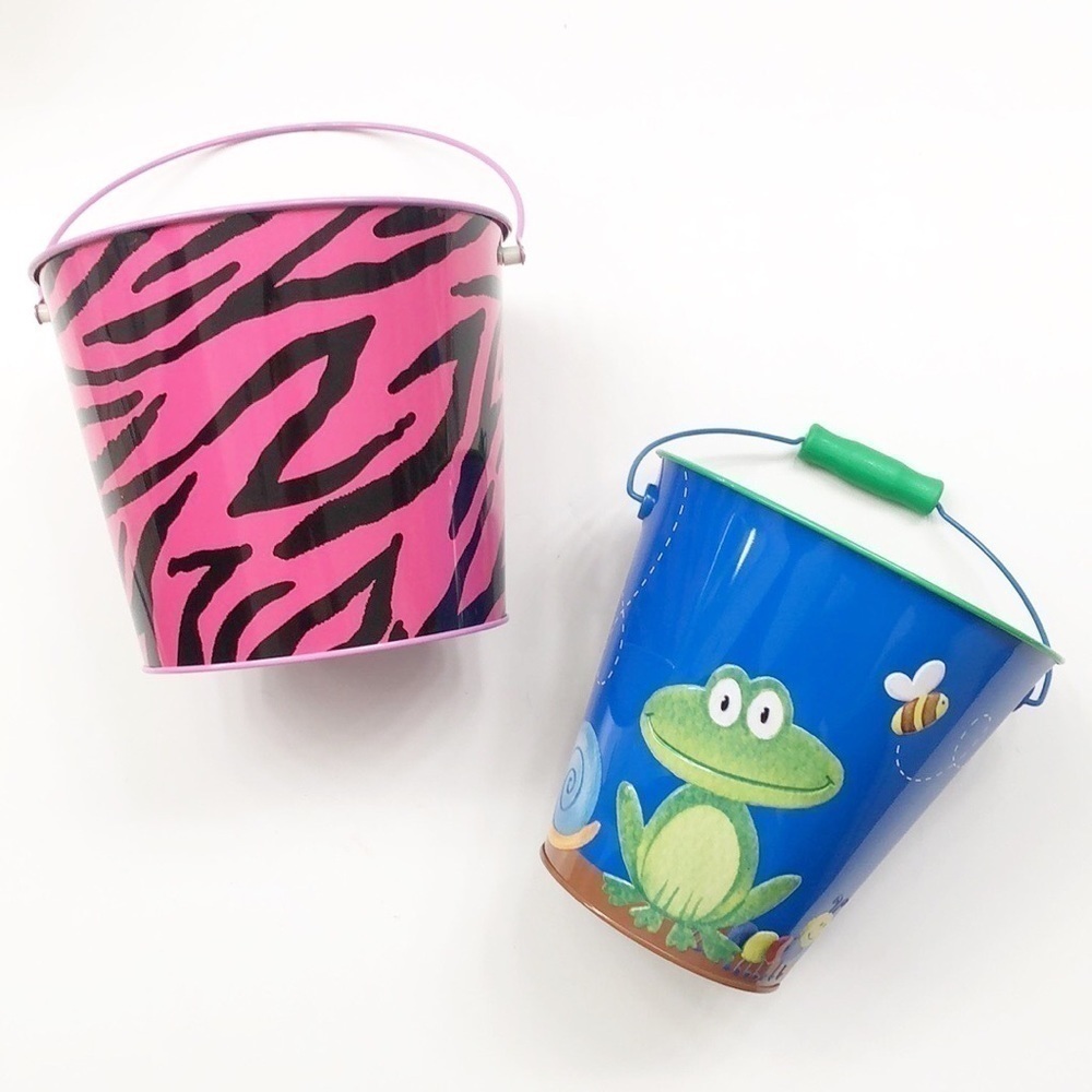 Zebra & frog print metal Easter Baskets boy & girl - set of 2